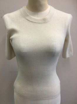 MADEWELL, Ivory White, Wool, Solid, Short Sleeves, Crew Neck, Rib Knit,