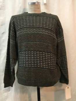 Mens, Pullover Sweater, TIPTOP, Sage Green, Gray, Black, Brown, Synthetic, Novelty Pattern, Stripes, XL, Sage Green, Gray, Black, Brown Novelty Stripes, Crew Neck,