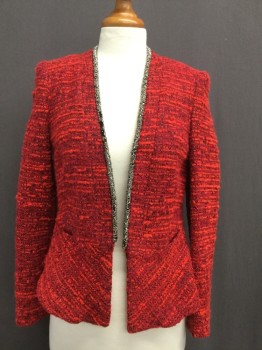 Womens, Blazer, ZARA, Red, Black, Gold, Silver, Polyester, Beaded, Mottled, Stripes, S, No Closures, Beaded Neck Edge, Peplum, 2 Pockets, Boucle, Spiky Buttons at Cuffs, Day Into Evening Sparkle