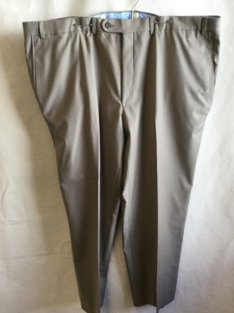 RIVIERA, Khaki Brown, Wool, Polyester, Solid, 1.5" Waistband with Belt Hoops, Flat Front, Zip Front, 4 Pockets