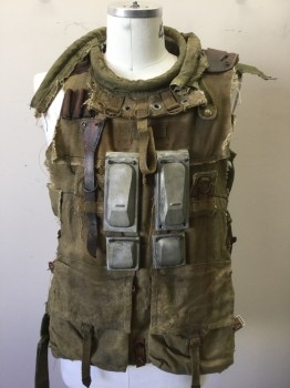 Mens, Vest, N/L MTO, Olive Green, Brown, Cotton, Leather, Solid, M/L, Canvas, Brown Leather Panels at Shoulders, Scoop Neck with Filled Tube Like/Rolled Edge, Large Faux Metal Plastic Panels at Front, Various Pockets/Compartments, Metal D-Rings, Grommets, Etc, Open at Sides with Leather and Twill Straps, Aged Throughout, Made To Order
