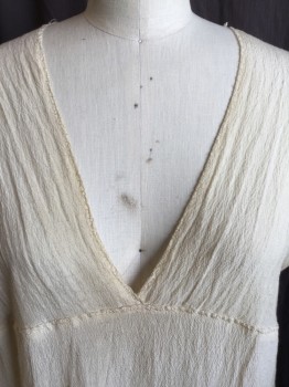N/L (MTO), Cream, Polyester, Cotton, Solid, (AGED) Stained Along Deep V-neck,  Cream Texture, Empire Bust Line, Cut-off Sleeves, Floor Length with Frayed Hem