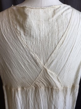 Womens, Historical Fiction Dress, N/L (MTO), Cream, Polyester, Cotton, Solid, 46, (AGED) Stained Along Deep V-neck,  Cream Texture, Empire Bust Line, Cut-off Sleeves, Floor Length with Frayed Hem