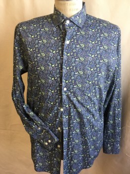 Mens, Casual Shirt, PERRY ELLIS, Dk Gray, Lime Green, Lt Gray, Pink, Off White, Cotton, Paisley/Swirls, M, Collar Attached, Button Front, Long Sleeves,