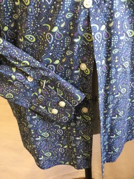 PERRY ELLIS, Dk Gray, Lime Green, Lt Gray, Pink, Off White, Cotton, Paisley/Swirls, Collar Attached, Button Front, Long Sleeves,