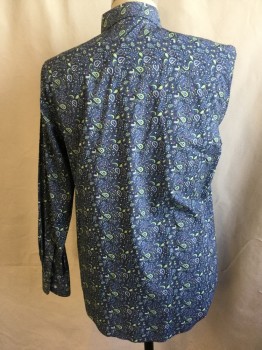 Mens, Casual Shirt, PERRY ELLIS, Dk Gray, Lime Green, Lt Gray, Pink, Off White, Cotton, Paisley/Swirls, M, Collar Attached, Button Front, Long Sleeves,