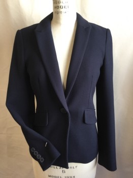 Womens, Blazer, HOBBS, Navy Blue, Polyester, Elastane, Solid, 4, Navy with Gray Trim Lining, Notched Lapel, Single Breasted, 1 Button Front, 2 Pockets with Flap Long Sleeves,