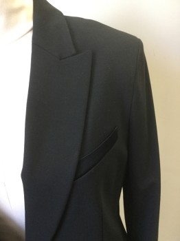 Womens, Blazer, THEORY, Black, Viscose, Polyester, Solid, B40, 10, Single Breasted, 1 Button, Peaked Lapel, Satin Detail at Picket Trim and Button