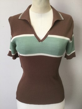 OAK + FORT, Brown, Sea Foam Green, Cream, Synthetic, Stripes - Horizontal , Solid, Brown with Seafoam Stripe Across Chest with Cream Accents, Rib Knit, Short Sleeves, Polo Style with Collar Attached, V-neck,