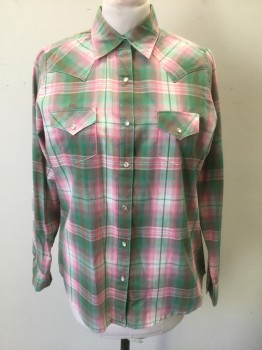 WRANGLER, Pink, Green, White, Cotton, Polyester, Plaid, Long Sleeves, Snap Front with Cream and Silver Snaps, Collar Attached, 2 Pockets with Flap and Snap Closures, Western Style Yoke Across Chest/Shoulders