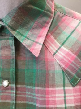 Womens, Shirt, WRANGLER, Pink, Green, White, Cotton, Polyester, Plaid, L, Long Sleeves, Snap Front with Cream and Silver Snaps, Collar Attached, 2 Pockets with Flap and Snap Closures, Western Style Yoke Across Chest/Shoulders