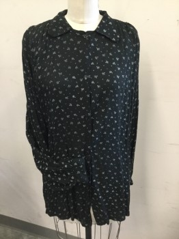 GYPSY, Black, Lt Gray, Rayon, Floral, Loose Fitting Blouse, Collar Attached, Button Front, Long Sleeves, Blouse Gathered to Back Yoke,