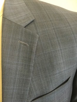 MICHAEL KORS, Slate Blue, Gray, Black, Wool, Polyester, Plaid, Single Breasted, 2 Buttons,  3 Pockets, Notched Lapel, 2 Back Vents,