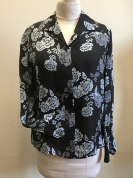ALFANI, Black, Gray, Silk, Floral, Black with Gray Floral Print, Hidden Placket Button Front, Collar Attached, Long Sleeves, Extended Cuff