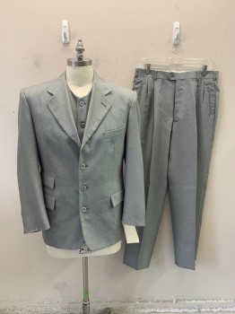 Mens, Suit, Jacket, VITALI, Lt Gray, Gray, Polyester, Stripes - Diagonal , 34/31, 40R, Gray with Lt Gray Diagnal Stripe Weave, 4 Buttons, 4 Pockets, Notched Lapel,