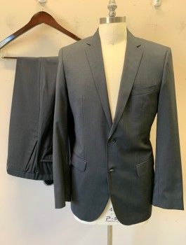 HUGO BOSS, Dk Gray, Charcoal Gray, Wool, Check - Micro , Single Breasted, Notched Lapel, Hand Picked Stitching at Lapel, 2 Buttons, 3 Pockets, Slim Fit