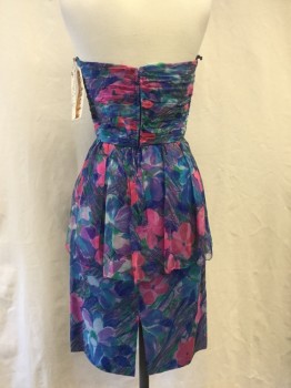 SAKS FIFTH AVE, Teal Blue, Green, Hot Pink, Navy Blue, Purple, Silk, Abstract , Floral, Pleated Bust, Gathered Wrap Peplum Detail, Strapless, Split Back,