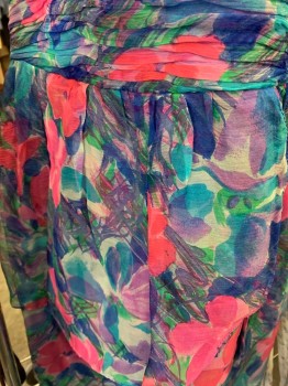 SAKS FIFTH AVE, Teal Blue, Green, Hot Pink, Navy Blue, Purple, Silk, Abstract , Floral, Pleated Bust, Gathered Wrap Peplum Detail, Strapless, Split Back,