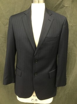 BROOKS BROTHERS, Navy Blue, White, Wool, Stripes - Pin, Navy with White Pinstripe, Single Breasted, Collar Attached, Notched Lapel, 2 Buttons,  3 Pockets, Long Sleeves