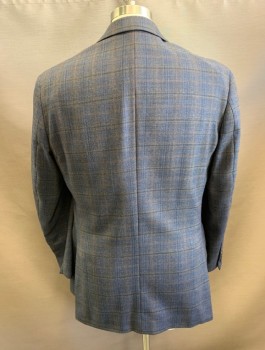 PRONTO UOMO, Dk Blue, Brown, Wool, Plaid, Single Breasted, Notched Lapel, 2 Buttons, 3 Pockets, Navy Lining
