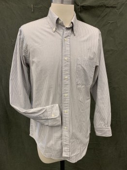 Mens, Casual Shirt, BROOKS BROTHERS, White, Blue-Gray, Cotton, Stripes - Vertical , 33, 15.5, Button Front, Collar Attached, Button Down Collar, 1 Pocket, Long Sleeves, Button Cuff