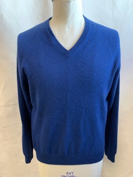 BLOOMINGDALE'S, Dk Blue, Cashmere, Solid, V-neck, Ribbed Knit Neck/Waistband/Cuff, Long Sleeves