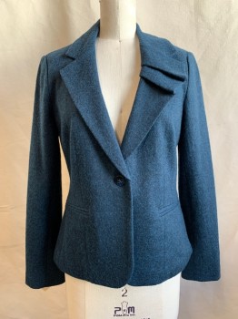 Womens, Blazer, ELEVENSES, Blue, Black, Wool, Nylon, Mottled, 2, Single Breasted, Collar Attached with 1 Pleat, Notched Lapel Pleated at One Side, 1 Button, 2 Welt Pockets