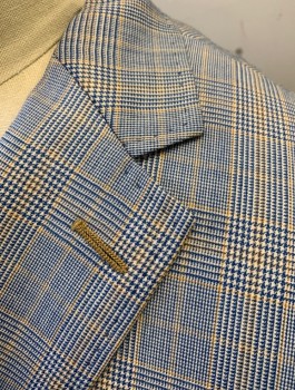 BARTORELLI NAPOLI, Lt Blue, White, Tan Brown, Wool, Glen Plaid, Single Breasted, Notched Lapel, 2 Buttons, 3 Pockets, Hand Picked Stitching at Lapel, Light Blue Lining