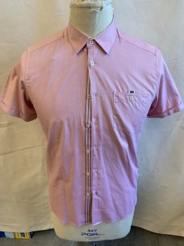 Mens, Casual Shirt, TED BAKER, Raspberry Pink, White, Cotton, 2 Color Weave, L, 42, (4), Collar Attached, White with Charcoal Black with Dots & Sage Trim Inside Collar , and Upper Back, Button Front, Faded Red/gray/light Pink Vertical Stripes Inside Front Placket, Short Sleeves, 1 Pocket, Curved Hem