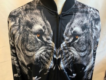Mens, Casual Jacket, SEAN JOHN, Black, Gray, Brown, Polyester, Animal Print, 3XLT, Large Lion's Face, Black Ribbed Knit Collar Attached, Long Sleeves Cuffs & Hem, Zip Front, 2 Pockets,