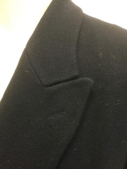 Mens, Coat, Overcoat, ANDREW FEZZA, Black, Wool, Cashmere, Solid, 46, Double Breasted, Peaked Lapel, 2 Pockets, Solid Black Lining