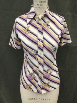 SEARS, White, Navy Blue, Lavender Purple, Taupe, Polyester, Stripes - Diagonal , Human Figure, Diagonal Stripe Intermingled with Girl Playing with Flowers, Button Front, Pointy Collar Attached, Short Sleeves