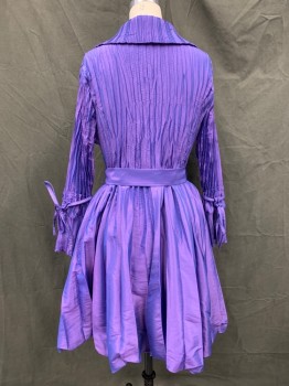 JERRY T, Purple, Polyester, Solid, Iridescent, Fortuny Pleats, Button Front, with Horizontal Pleated Placket, Oversize Pleated Collar, Pleated Cuffs, Spaghetti Strap Belted Cuffs, Bubble Hem, Self Belt