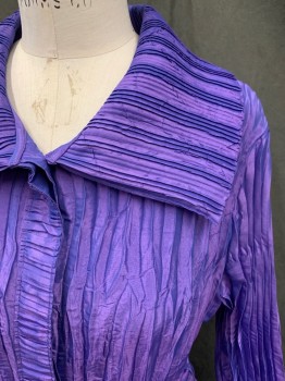 Womens, Cocktail Dress, JERRY T, Purple, Polyester, Solid, B 34, M, Iridescent, Fortuny Pleats, Button Front, with Horizontal Pleated Placket, Oversize Pleated Collar, Pleated Cuffs, Spaghetti Strap Belted Cuffs, Bubble Hem, Self Belt