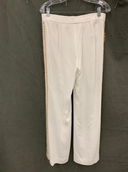 KOBI HALPERIN, White, Polyester, Rayon, Solid, Flat Front, Zip Fly, Lace Side Stripes with Gold/Rhinestones