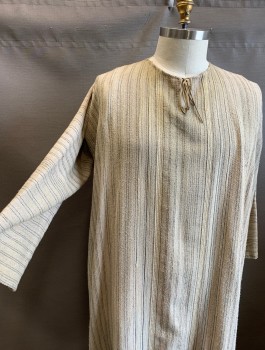 N/L MTO, Oatmeal Brown, Gray, Cotton, Stripes - Pin, Coarsely Woven, Long Sleeves, Floor Length, Round Neck with Keyhole, Suede Self Ties, Dirty and Lightly Aged