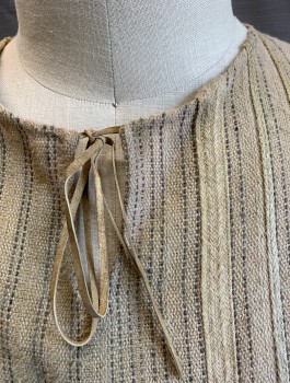 Mens, Historical Fiction Tunic, N/L MTO, Oatmeal Brown, Gray, Cotton, Stripes - Pin, C <54", O/S, Coarsely Woven, Long Sleeves, Floor Length, Round Neck with Keyhole, Suede Self Ties, Dirty and Lightly Aged