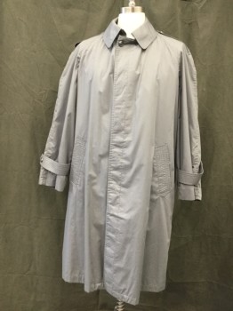 Mens, Coat, Trenchcoat, BOULEVARD CLUB, Lt Gray, Cotton, Polyester, Solid, 40S, Hidden Button Front, Collar Attached, Raglan Long Sleeves, Button Tab Cuff, Epaulets, Back Yoke Storm Vent with Tab D Rings  *White Stain on Left Sleeve**