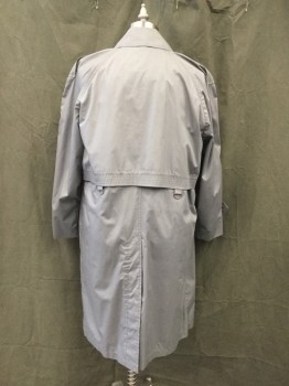 Mens, Coat, Trenchcoat, BOULEVARD CLUB, Lt Gray, Cotton, Polyester, Solid, 40S, Hidden Button Front, Collar Attached, Raglan Long Sleeves, Button Tab Cuff, Epaulets, Back Yoke Storm Vent with Tab D Rings  *White Stain on Left Sleeve**