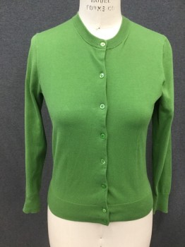 J CREW, Green, Cotton, Elastane, Solid, Button Front, Ribbed Knit Neck/Waistband/Cuff, Long Sleeves