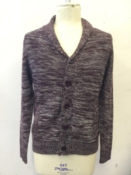 Mens, Cardigan Sweater, TRUE ROCK, Aubergine Purple, Lt Gray, Cotton, Acrylic, XL, Marbled Stripe, Shawl Collar, Button Front, Long Sleeves, 2 Pockets, Ribbed Knit Collar/Cuff/Waistband