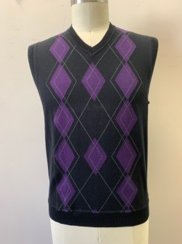 CLAIBORNE, Black, Purple, Gray, Cotton, Argyle, V.neck Sweater Vest Black with Purple and Gray Argyle Pattern at Front