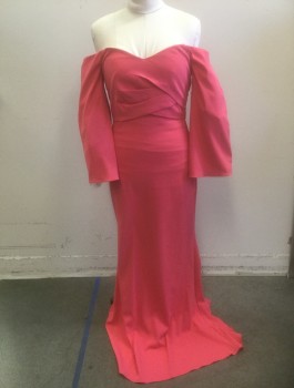Womens, Evening Gown, BADGLEY MISCHKA, Salmon Pink, Polyester, Spandex, Solid, Size 8, Off the Shoulder Long Flared Sleeves, V Neck/Bust Line, Pleated Detail at Bust with Double Layer, Floor Length, Invisible Zipper at Center Back