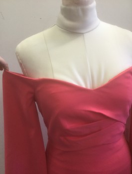 Womens, Evening Gown, BADGLEY MISCHKA, Salmon Pink, Polyester, Spandex, Solid, Size 8, Off the Shoulder Long Flared Sleeves, V Neck/Bust Line, Pleated Detail at Bust with Double Layer, Floor Length, Invisible Zipper at Center Back