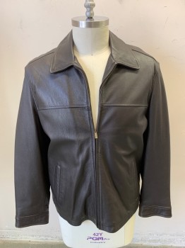 Mens, Leather Jacket, TASSO ELLA, Chocolate Brown, Leather, Solid, L, Zip Front, 2 Pockets, Snap Cuffs