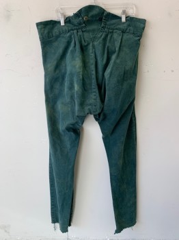 Mens, Historical Fiction Pants, JAS TOWNSEND & SON, Dk Green, Cotton, Solid, Open, 38, Button Fly,  Suspender Buttons, 2 Pockets, Frayed Hem, 1800's