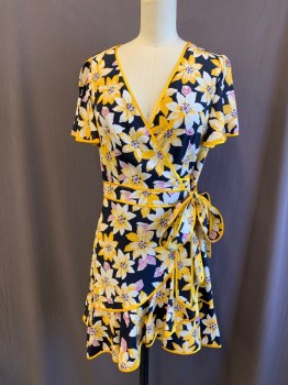 CINQ A SEPT, Navy Blue, Yellow, White, Magenta Purple, Silk, Floral, Wrap Dress, Solid Yellow Silk Trim, Flutter Short Sleeves, 1 1/4" Waistband with Attached Self Front Side Tie, 6 1/2" Ruffle Hem