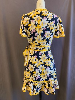 CINQ A SEPT, Navy Blue, Yellow, White, Magenta Purple, Silk, Floral, Wrap Dress, Solid Yellow Silk Trim, Flutter Short Sleeves, 1 1/4" Waistband with Attached Self Front Side Tie, 6 1/2" Ruffle Hem