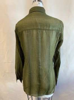 MTO, Dk Olive Grn, Cotton, Stripes - Shadow, Sheer, Button Front, Collar Attached, 2 Flap Breast Pockets,ls Button Cuff, Multiple