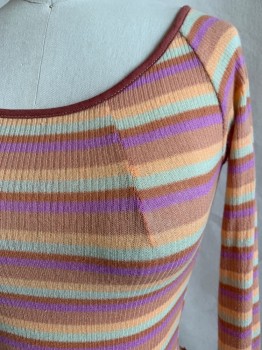 Womens, Top, OUT FROM UNDER, Tan Brown, Apricot Orange, Lilac Purple, Cream, Sienna Brown, Polyester, Viscose, Stripes - Horizontal , XS, Bateau/Boat Neck, Long Sleeves, Cropped, Lettuce Trim, Rib Knit,